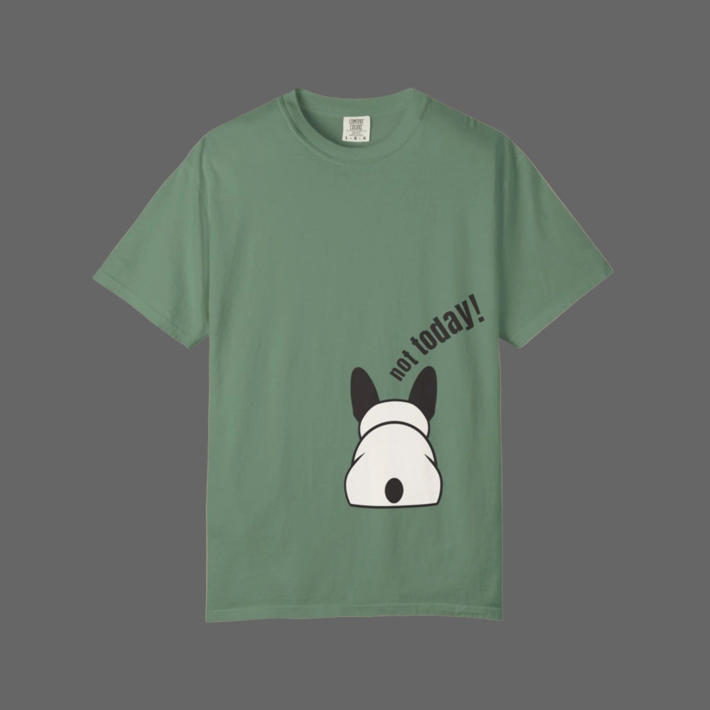 Green t-shirt with a dog graphic and 'not today!' text on a white background