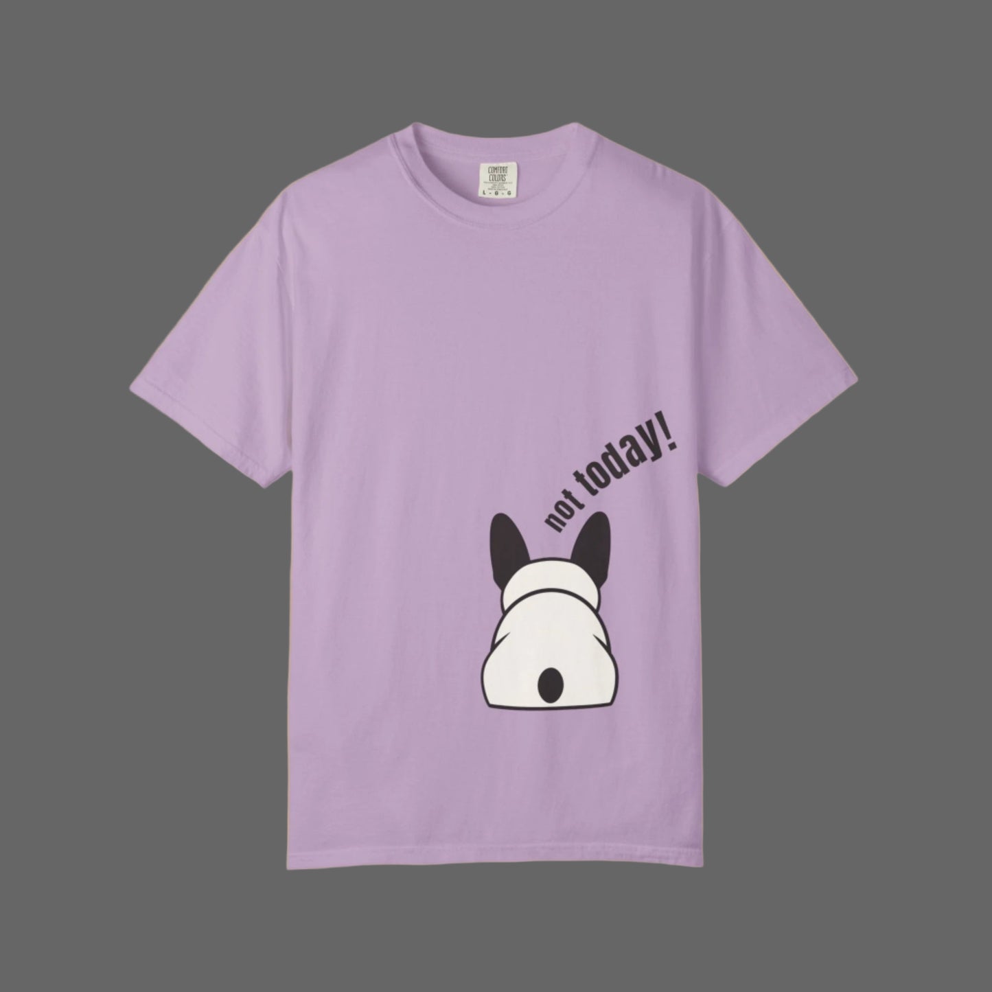 Purple t-shirt with a dog graphic and 'not today!' text on a white background