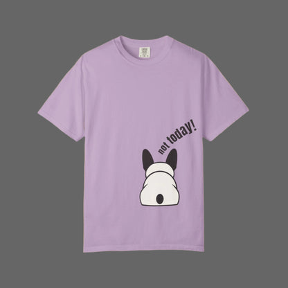 Purple t-shirt with a dog graphic and 'not today!' text on a white background