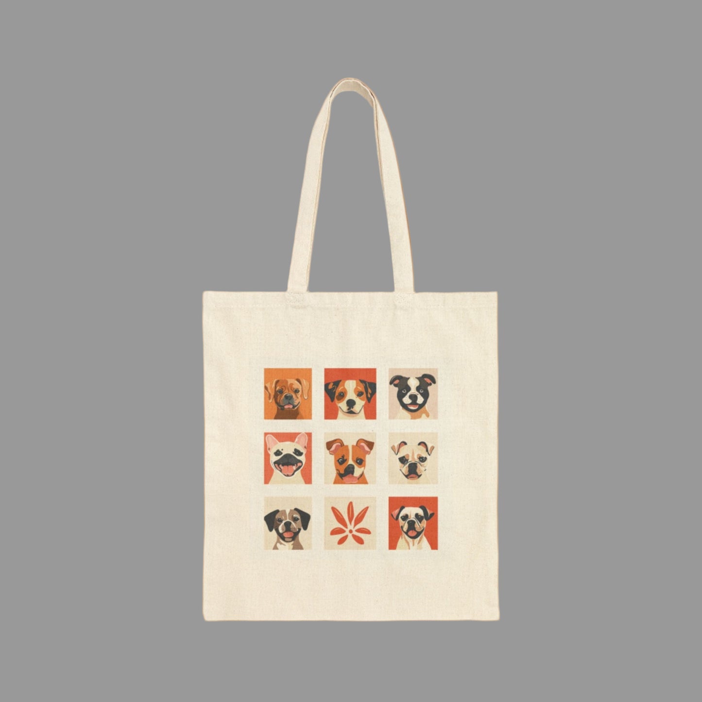 Tote bag with dog illustrations on a white background
