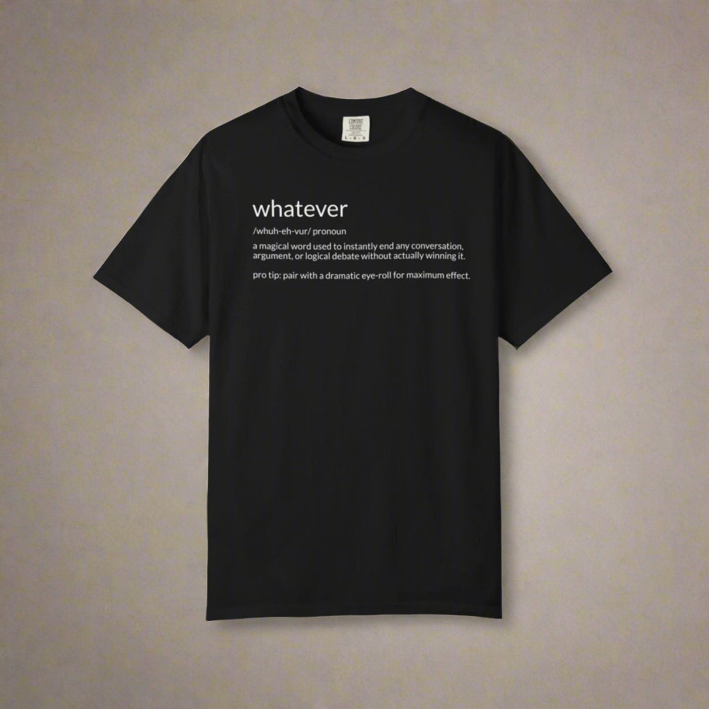 Black t-shirt with white text on a white background