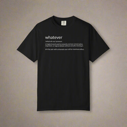 Black t-shirt with white text on a white background