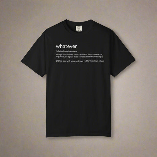 Black t-shirt with white text on a white background