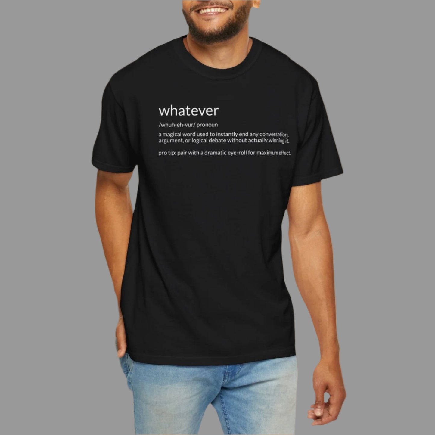 Person wearing a black t-shirt with 'whatever' text on a white background