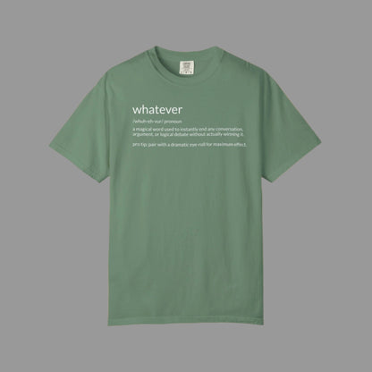 Green t-shirt with 'whatever' text on a white background