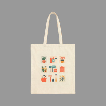 Beige tote bag with colorful gardening icons on a white background