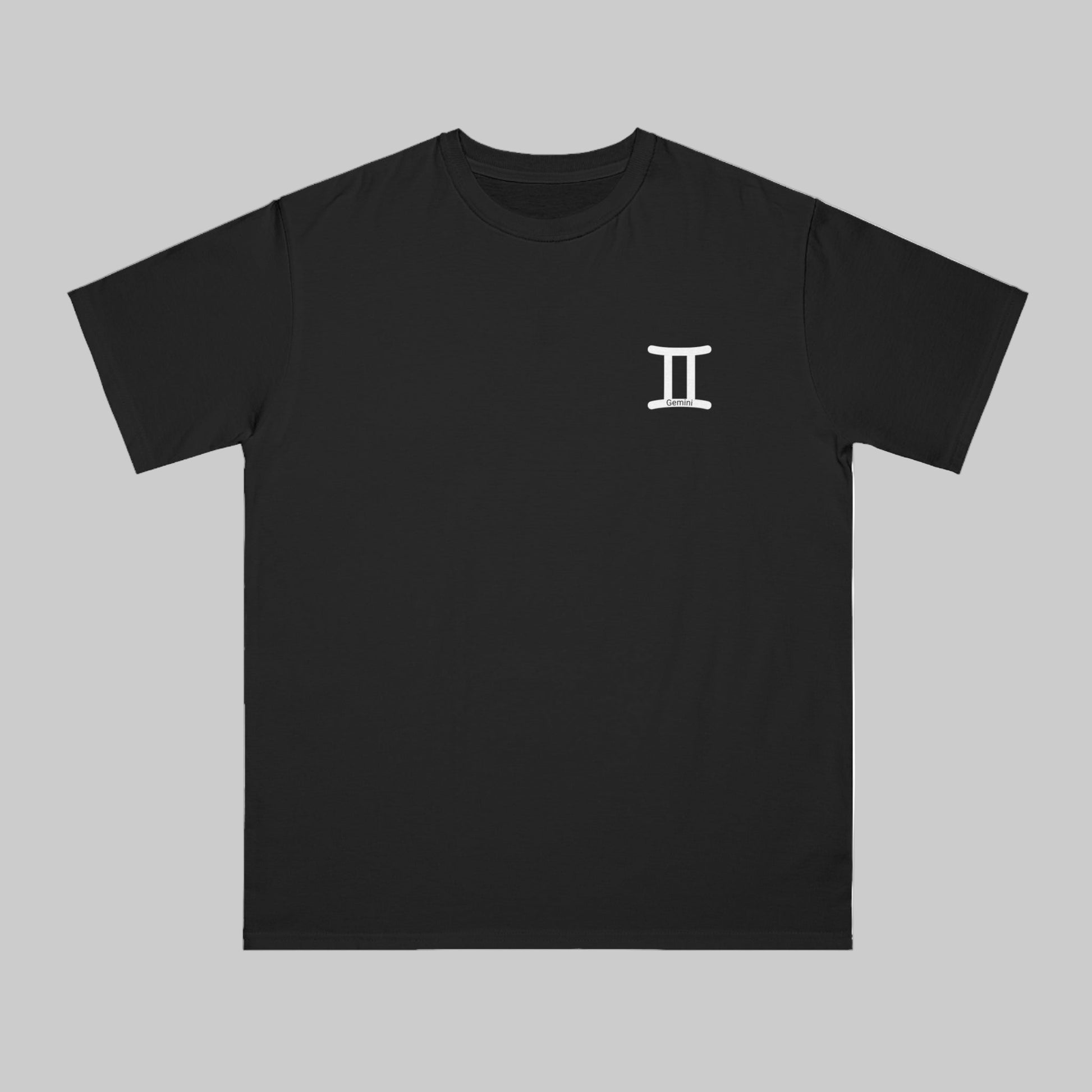 Black t-shirt with a white symbol on the chest against a white background