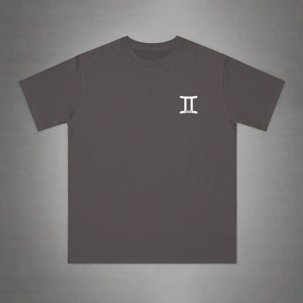 Dark gray t-shirt with a small white logo on a white background