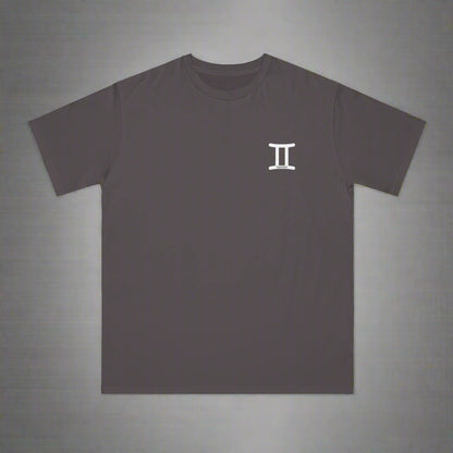 Dark gray t-shirt with a small white logo on a white background