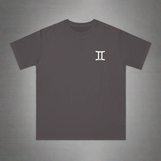 Dark gray t-shirt with a small white logo on a white background