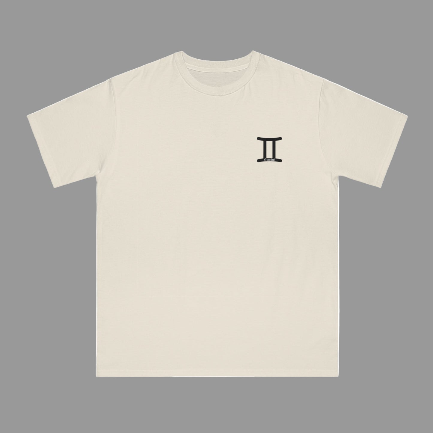 Beige t-shirt with a black symbol on a white background