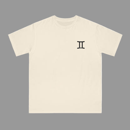 Beige t-shirt with a black symbol on a white background