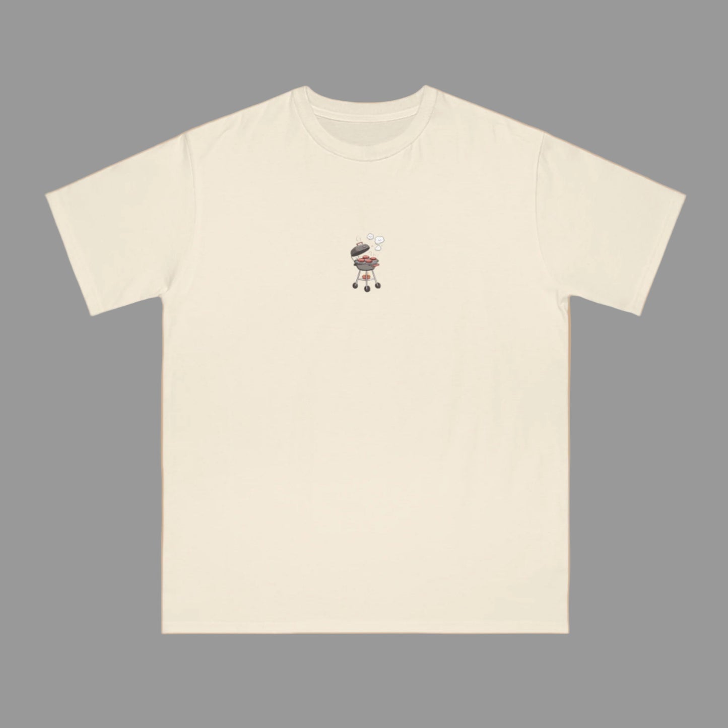 Beige t-shirt with a small graphic on a beige background
