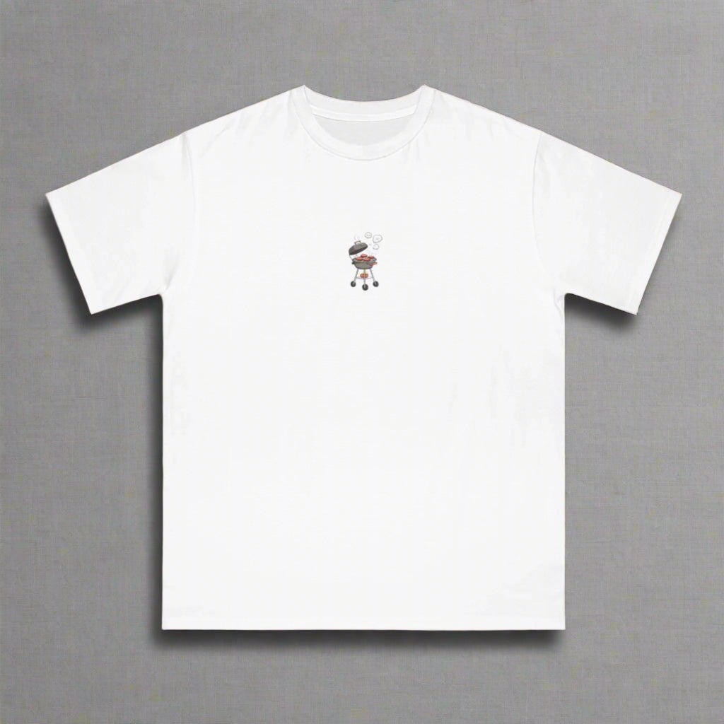 White t-shirt with a small embroidered design on a beige background