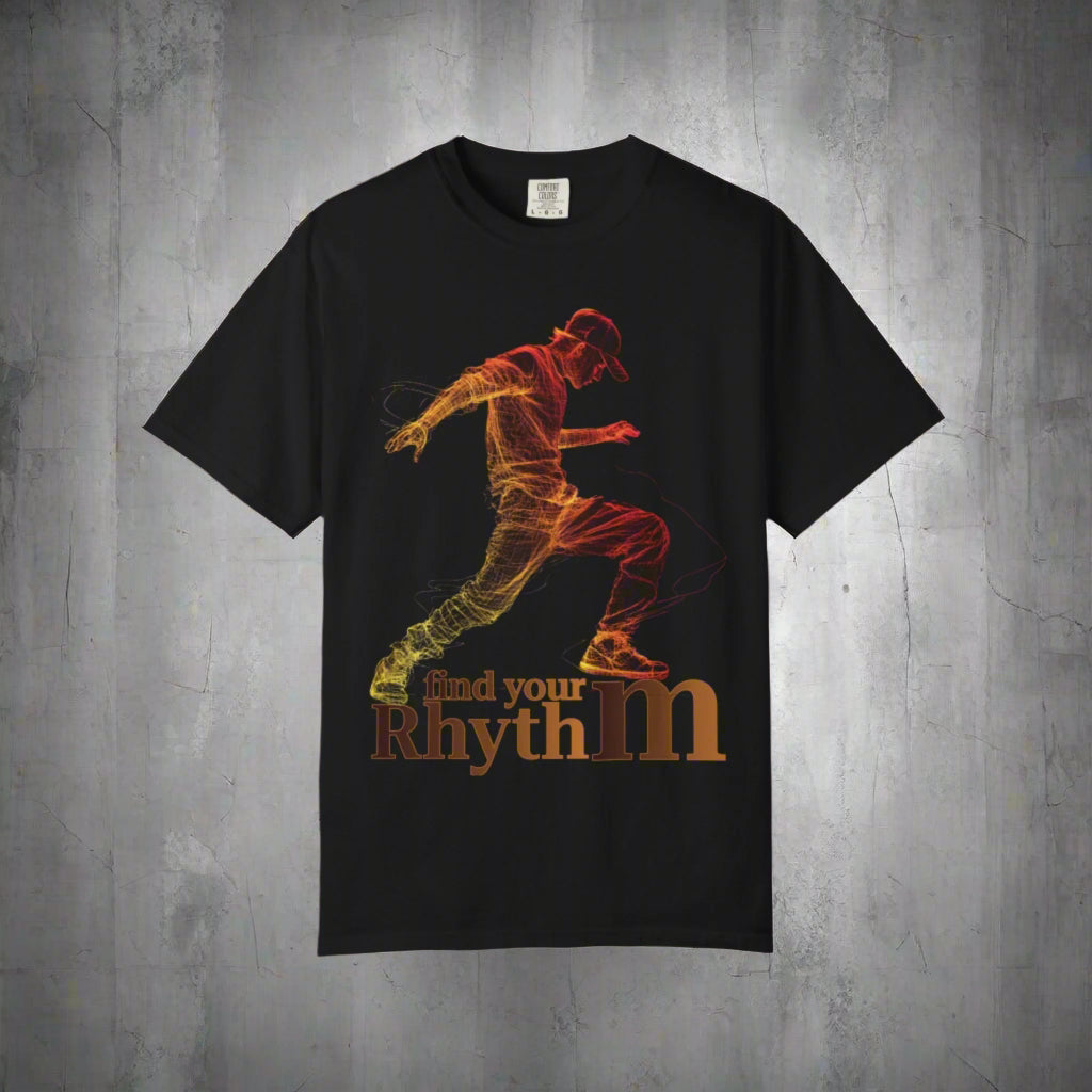 Black t-shirt with a colorful graphic of a person running and 'find your rhythm' text on a white background
