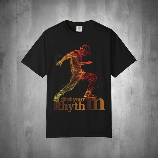 Black t-shirt with a colorful graphic of a person running and 'find your rhythm' text on a white background