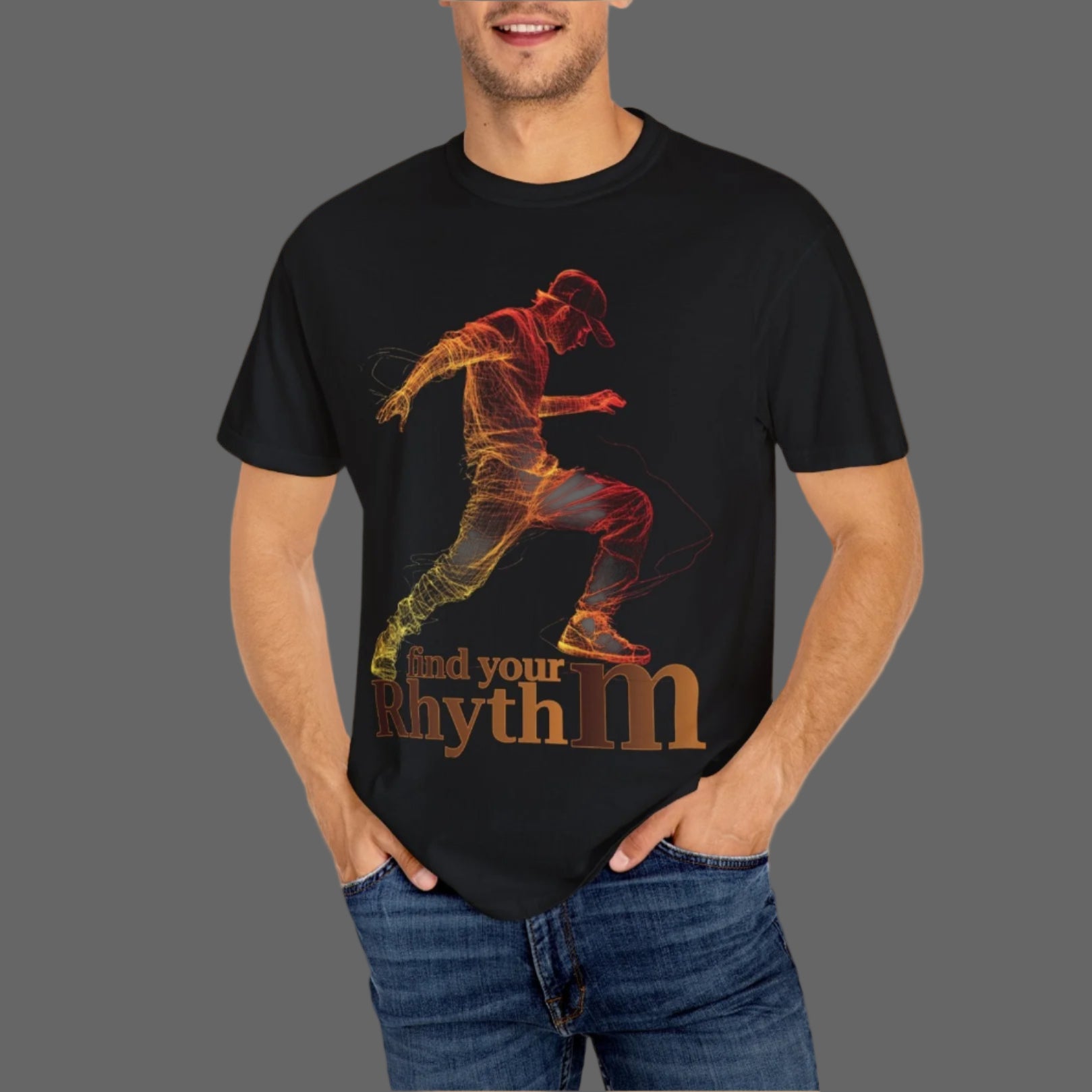 Man wearing a black t-shirt with a colorful graphic and text on a white background