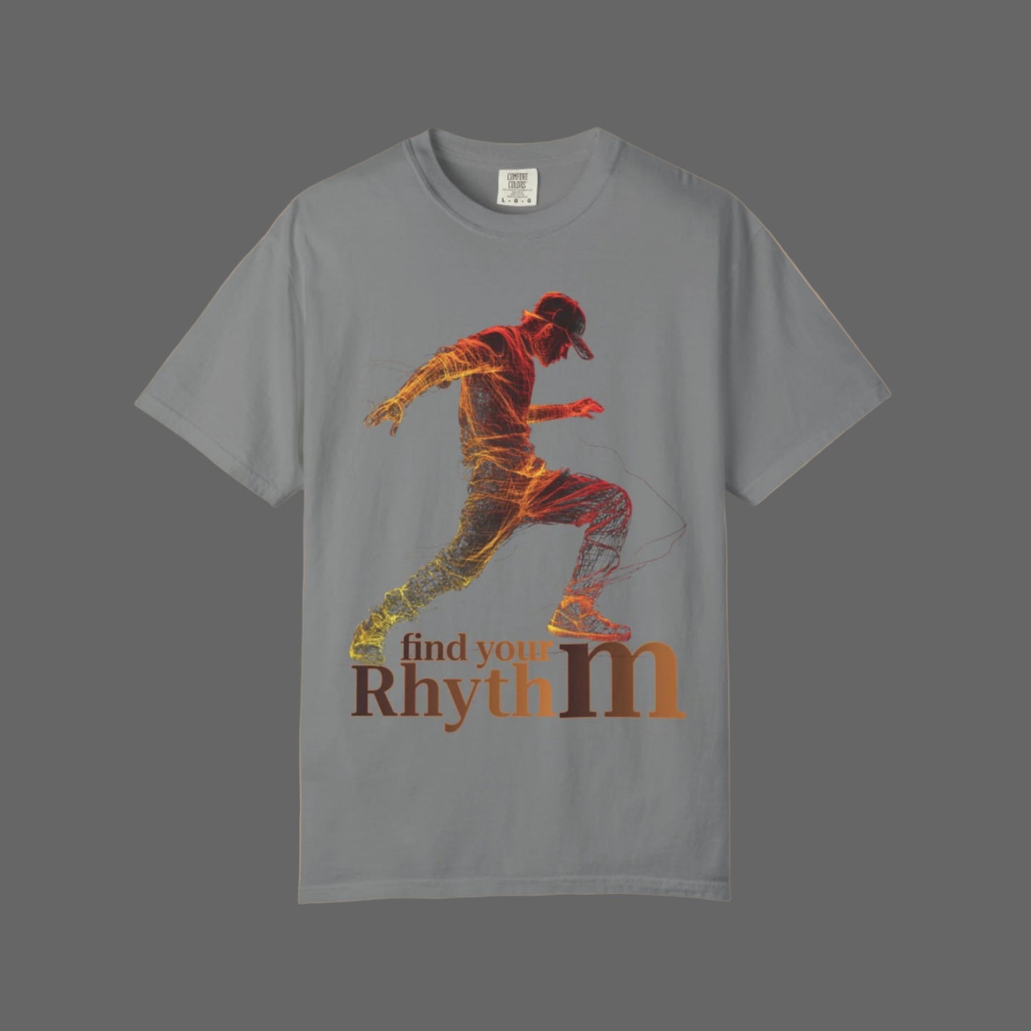 Gray t-shirt with a colorful graphic of a person and 'find your rhythm' text on a white background