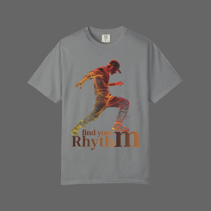 Gray t-shirt with a colorful graphic of a person and 'find your rhythm' text on a white background
