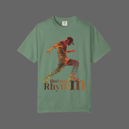 Green t-shirt with a graphic of a person running and 'find your rhythm' text on a white background