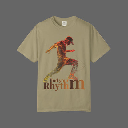 Beige t-shirt with a graphic of a person dancing and 'find your rhythm' text on a white background