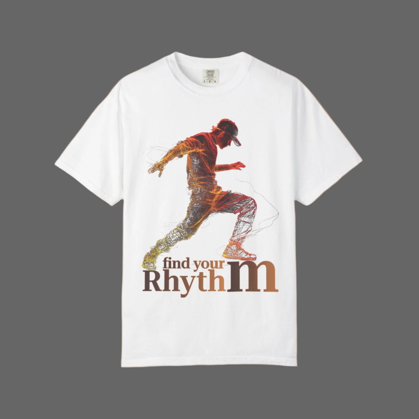 White t-shirt with a colorful graphic of a person dancing and text 'find your Rhythm' on a white background
