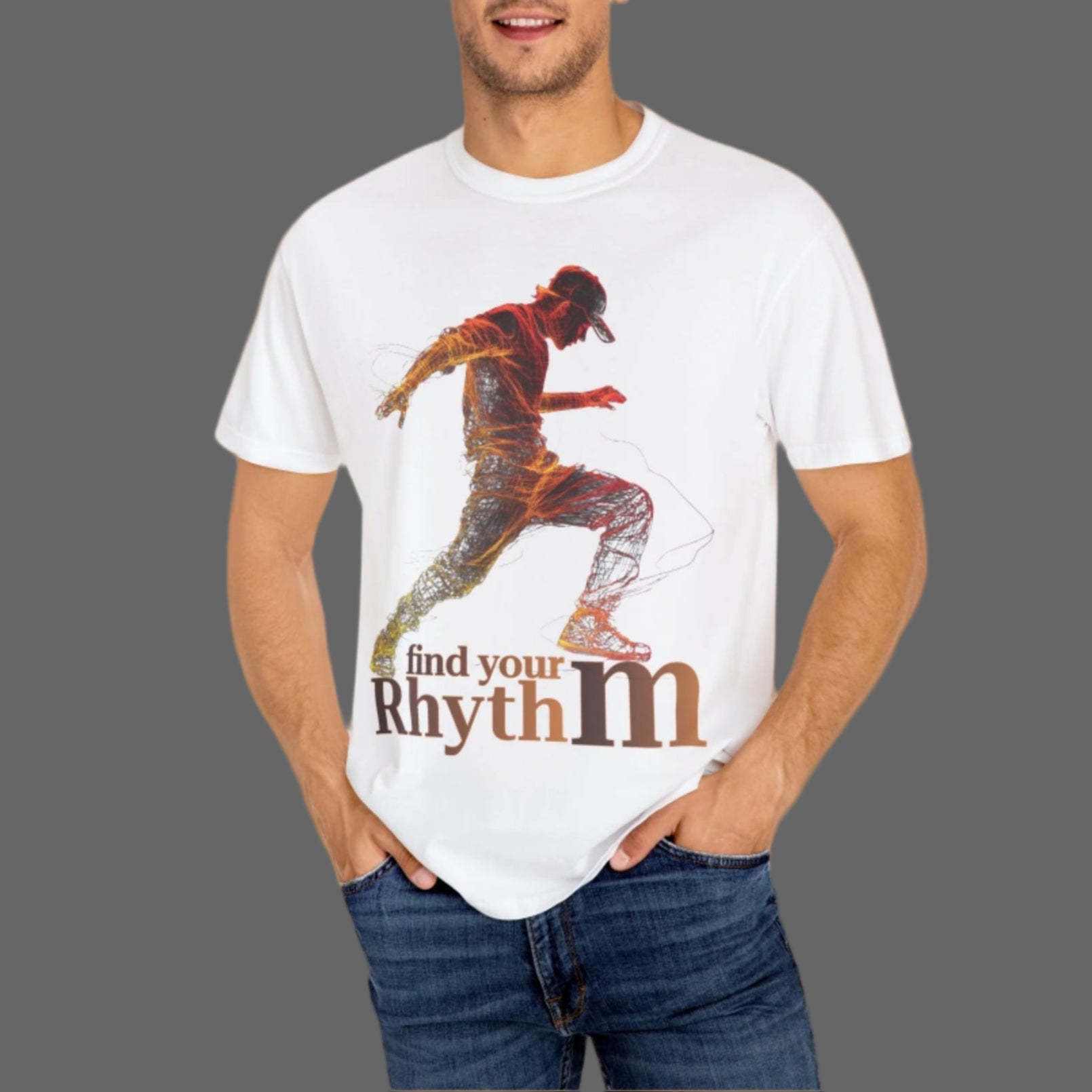 Man wearing a white t-shirt with a graphic and text 'find your Rhythm m' on a white background