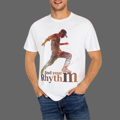 Man wearing a white t-shirt with a graphic and text 'find your Rhythm m' on a white background
