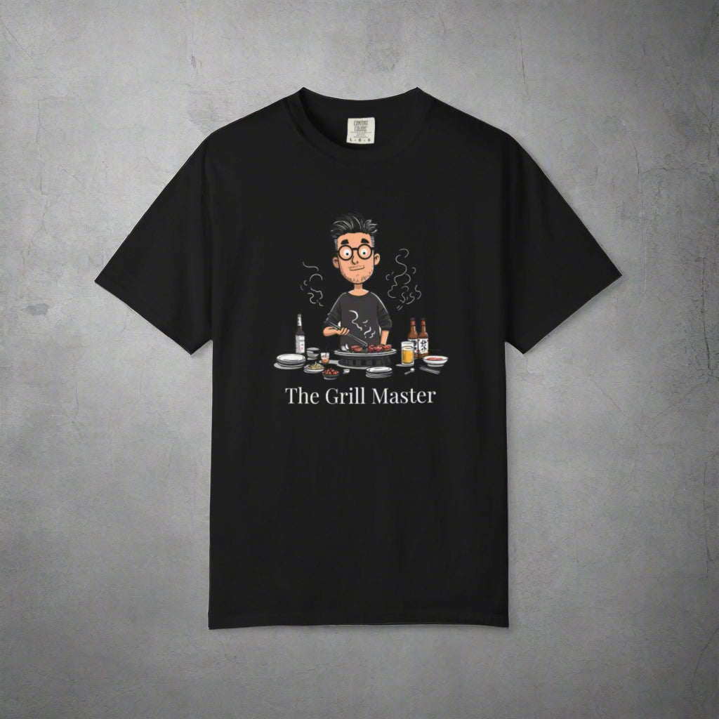 Black t-shirt with 'The Grill Master' graphic on a white background