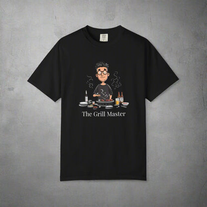 Black t-shirt with 'The Grill Master' graphic on a white background