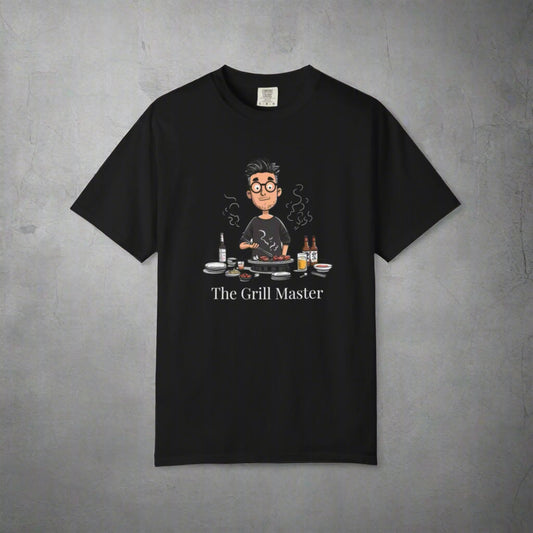 Black t-shirt with 'The Grill Master' graphic on a white background