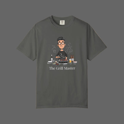 Gray t-shirt with a graphic of a person grilling and the text 'The Grill Master' on a white background.