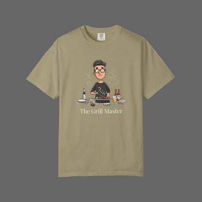 Khaki t-shirt with 'The Grill Master' graphic on a white background