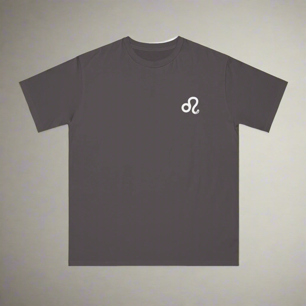 Dark gray t-shirt with a white logo on a white background