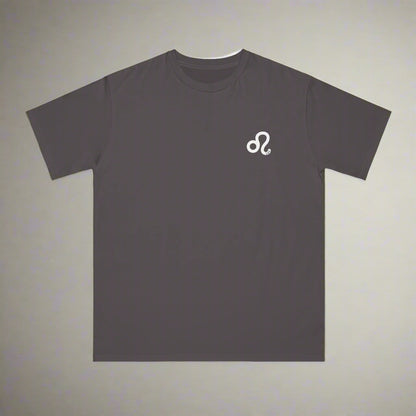 Dark gray t-shirt with a white logo on a white background