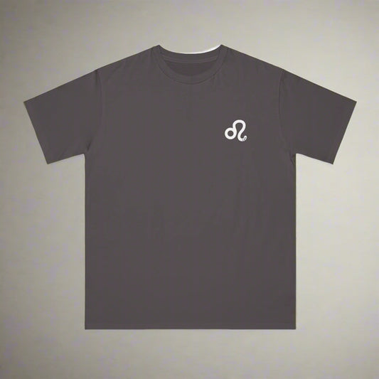 Dark gray t-shirt with a white logo on a white background