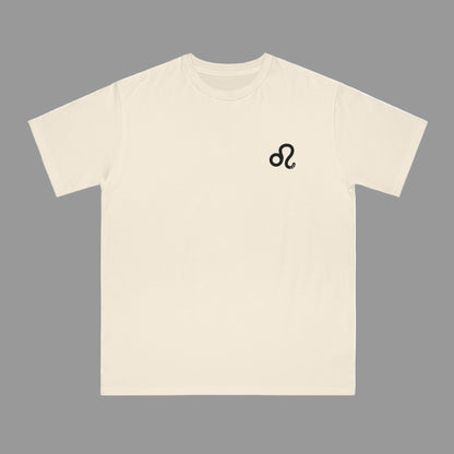 Beige t-shirt with a black lion symbol on a white background