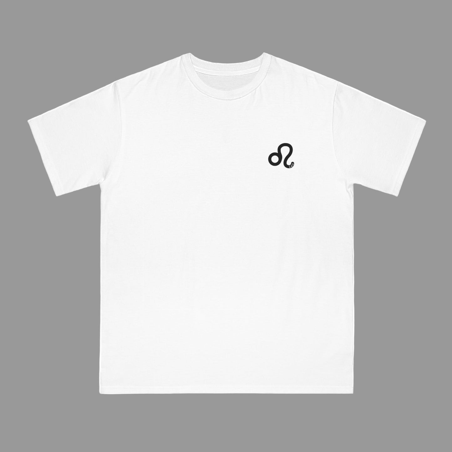 White t-shirt with a black lion symbol on a white background