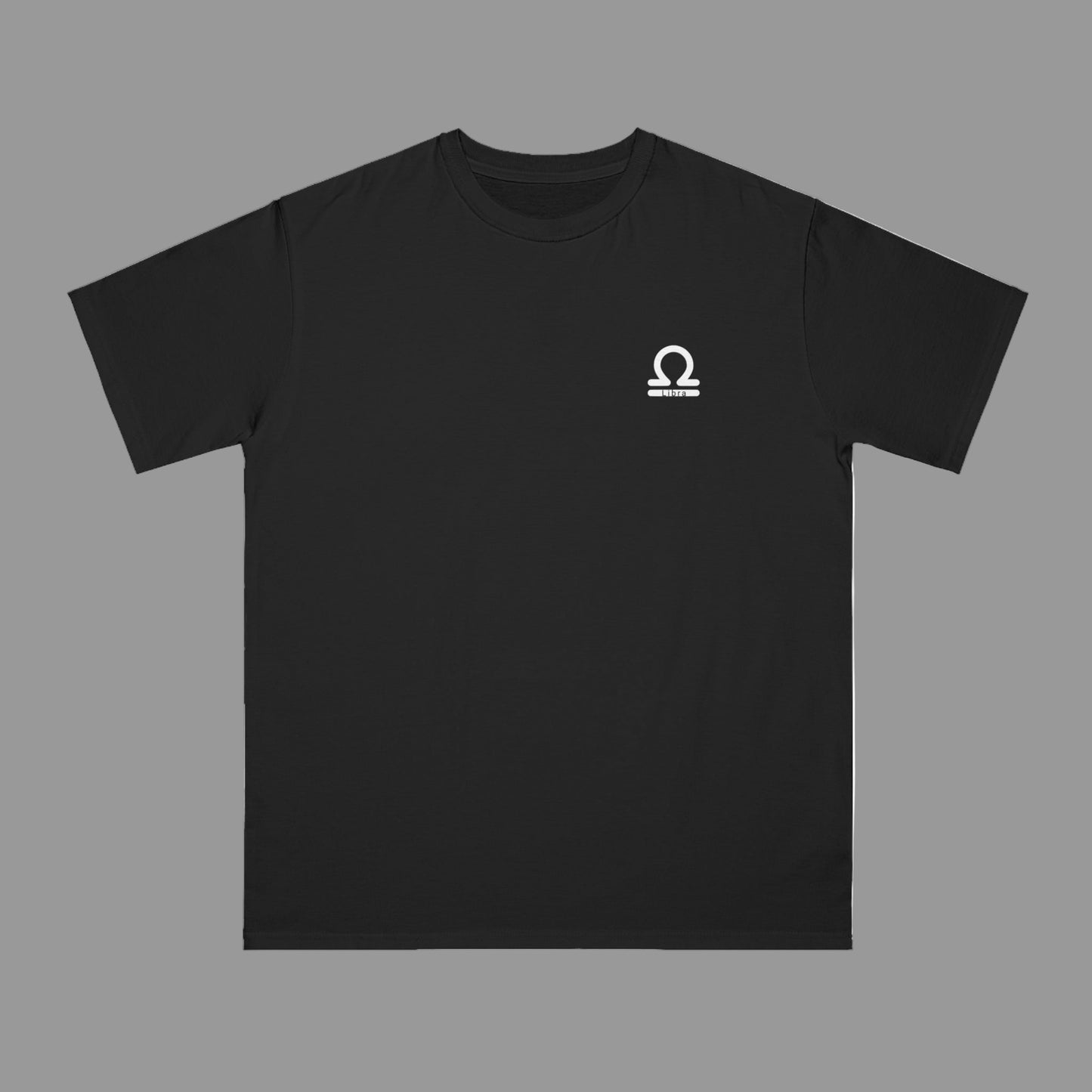 Black t-shirt with a white logo on a white background