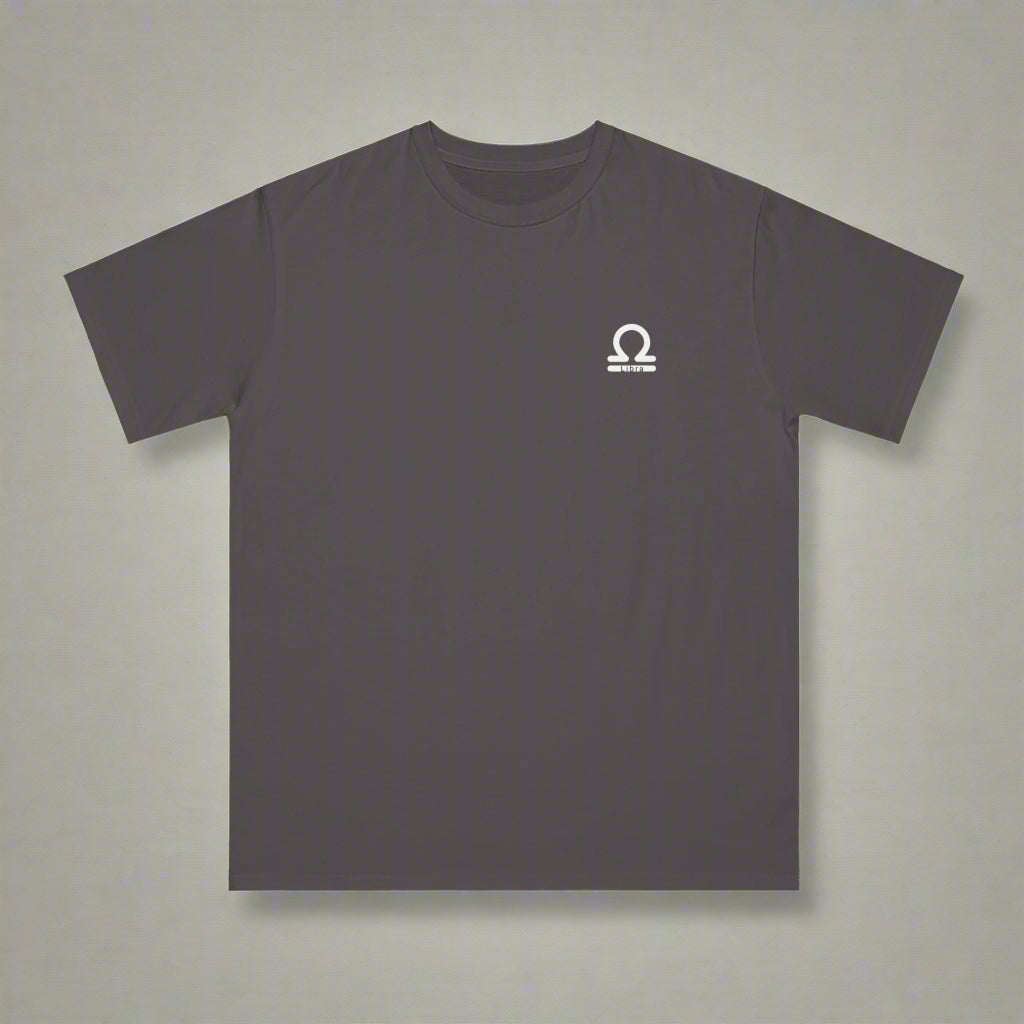 Dark gray t-shirt with a small white logo on a white background