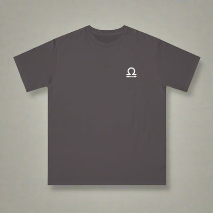 Dark gray t-shirt with a small white logo on a white background