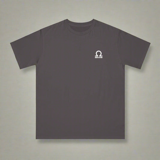 Dark gray t-shirt with a small white logo on a white background