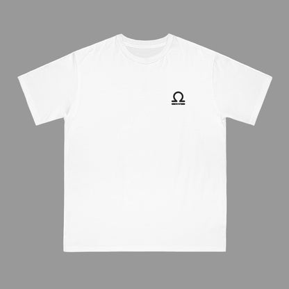 White t-shirt with a black logo on a white background