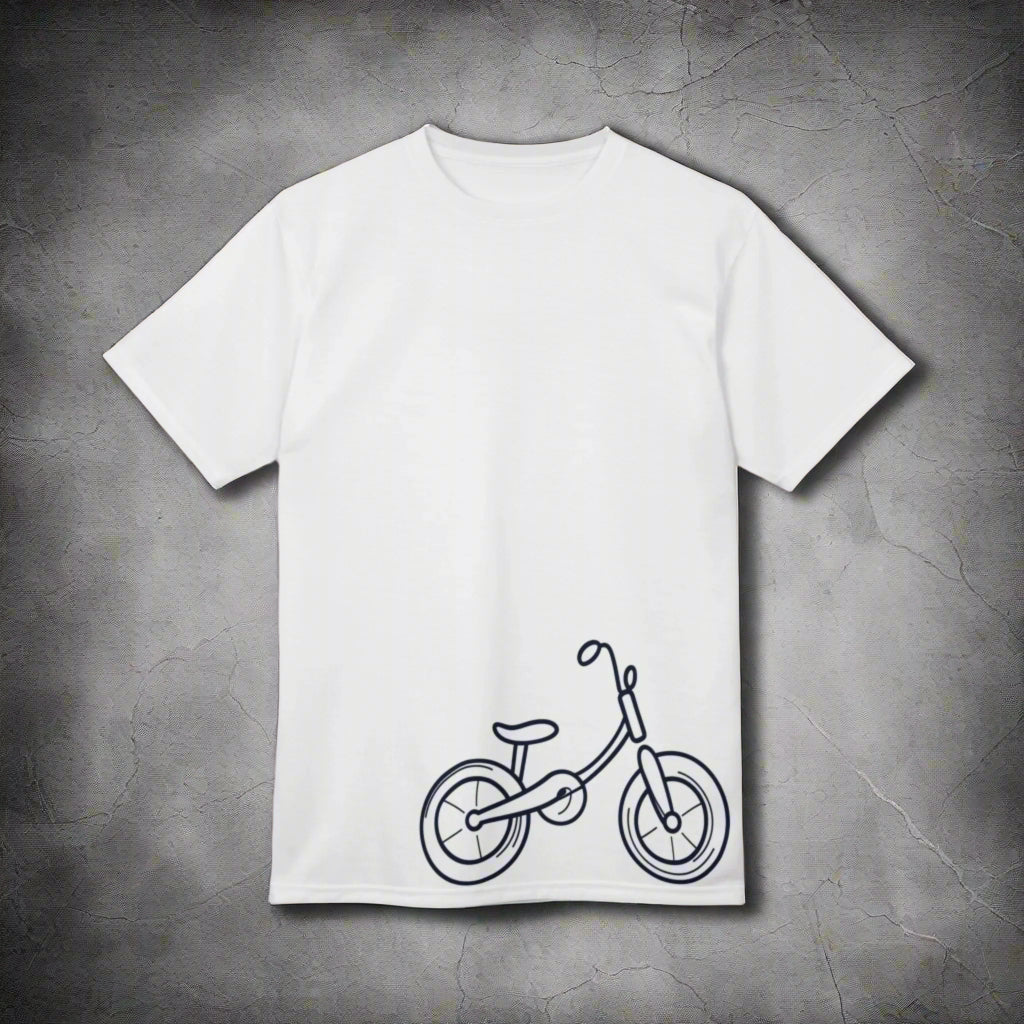 White t-shirt with a black bicycle graphic on a white background