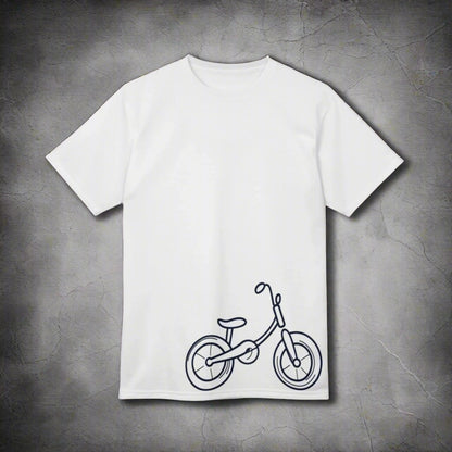 White t-shirt with a black bicycle graphic on a white background