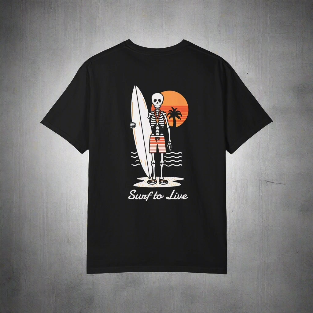Black t-shirt with a skeleton holding a surfboard design on a white background