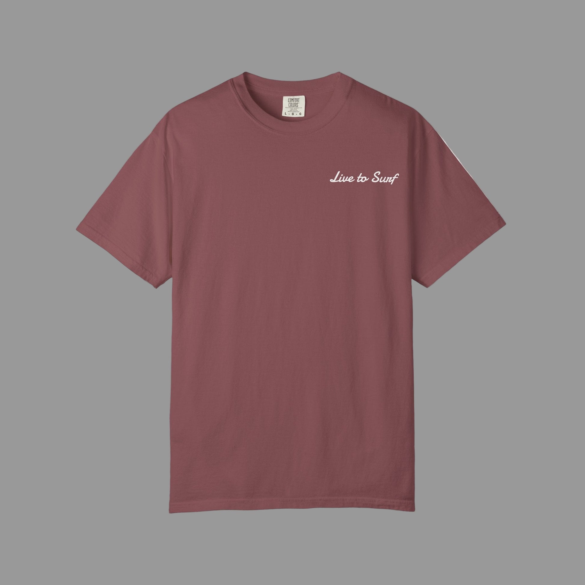 Maroon t-shirt with 'Live to Surf' text on a white background
