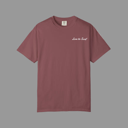 Maroon t-shirt with 'Live to Surf' text on a white background