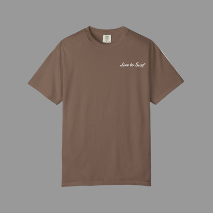 Brown t-shirt with 'Live to Surf' text on a white background