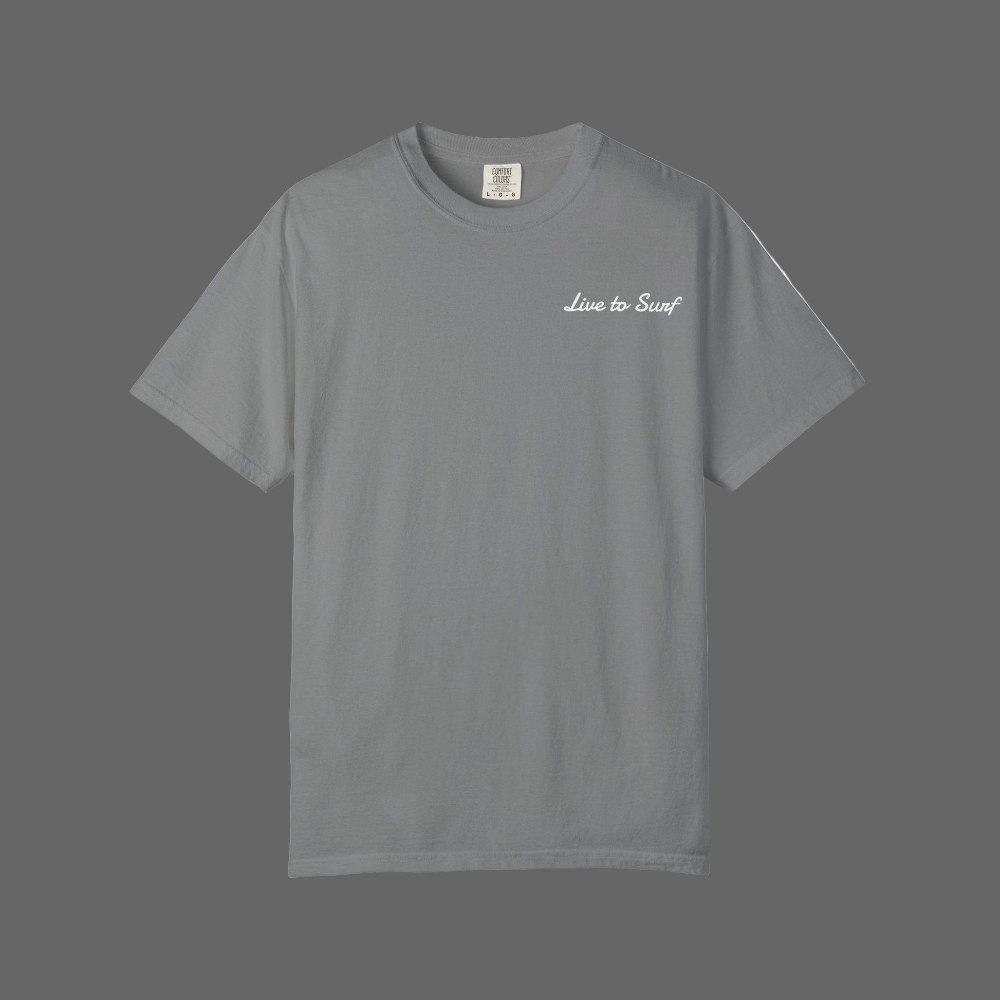 Gray t-shirt with 'Live to Surf' text on a white background
